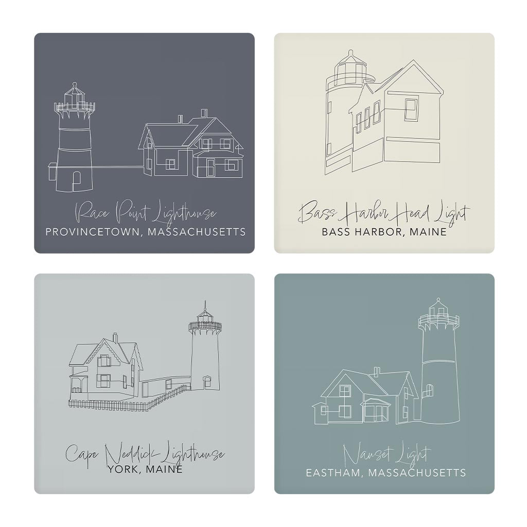 New England Lighthouses Muted Coastal | Absorbent Coasters | Set of 4 | Min 2