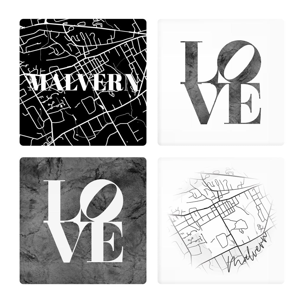 Minimalistic B&W Pennsylvania Malvern Maps Love | Absorbent Coasters | Set of 4 | Min 2