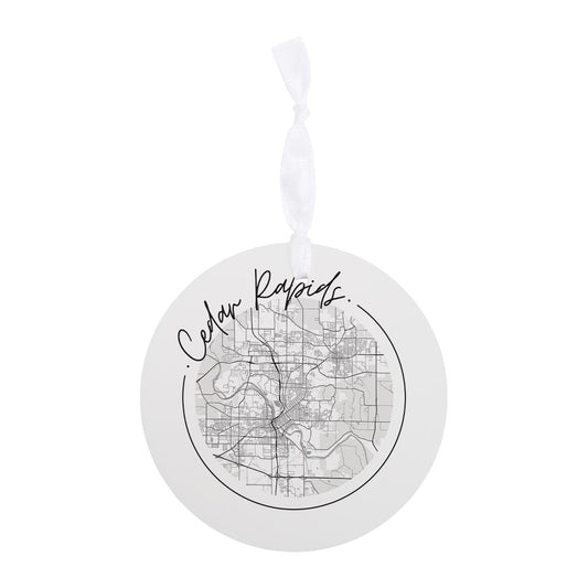 Minimalistic B&W Iowa Cedar Rapids Circle Map | Wood Ornament | Eaches | Min 6