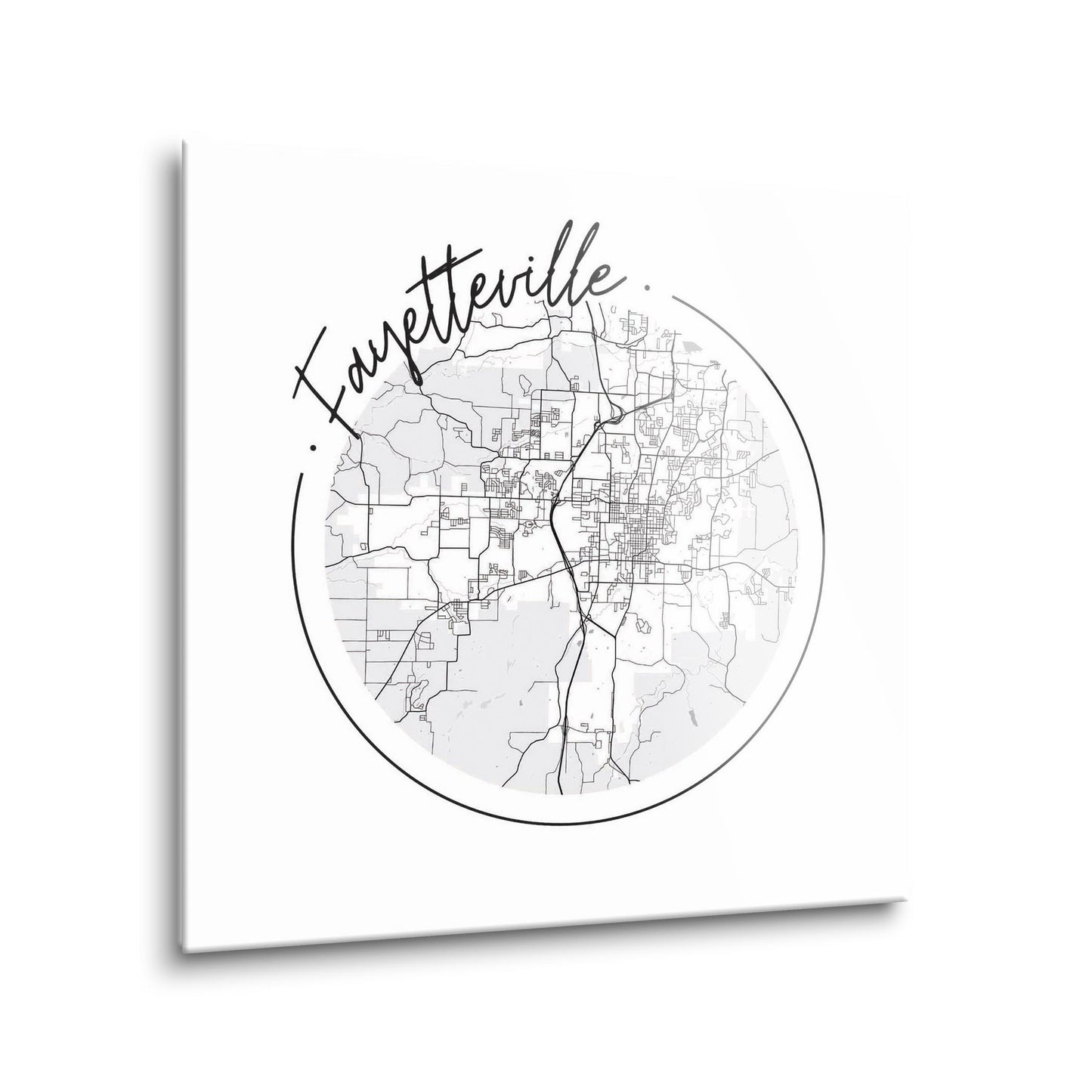 B&W Minimalist Arkansas Fayetteville Circle Map | Hi-Def Glass Art | Eaches | Min 1