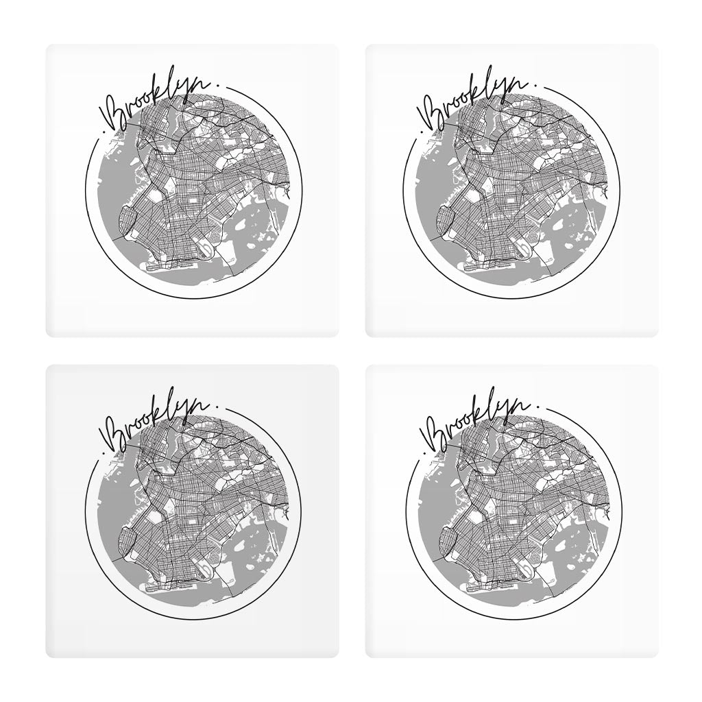 Minimalistic B&W New York Brooklyn Circle Map | Absorbent Coasters | Set of 4 | Min 2