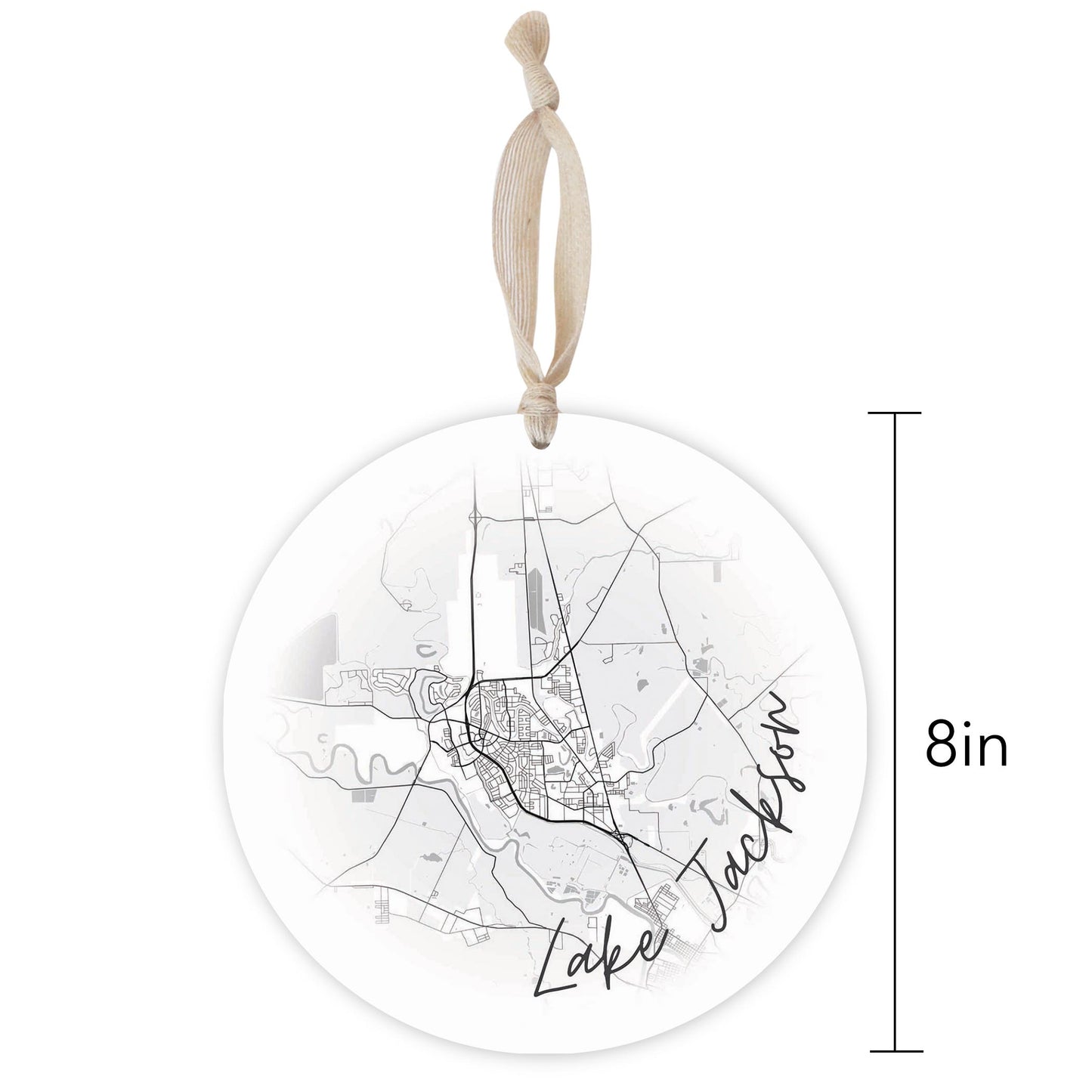 Minimalistic B&W Texas Lake Jackson Circle Map | Wood Ornament | Eaches | Min 1