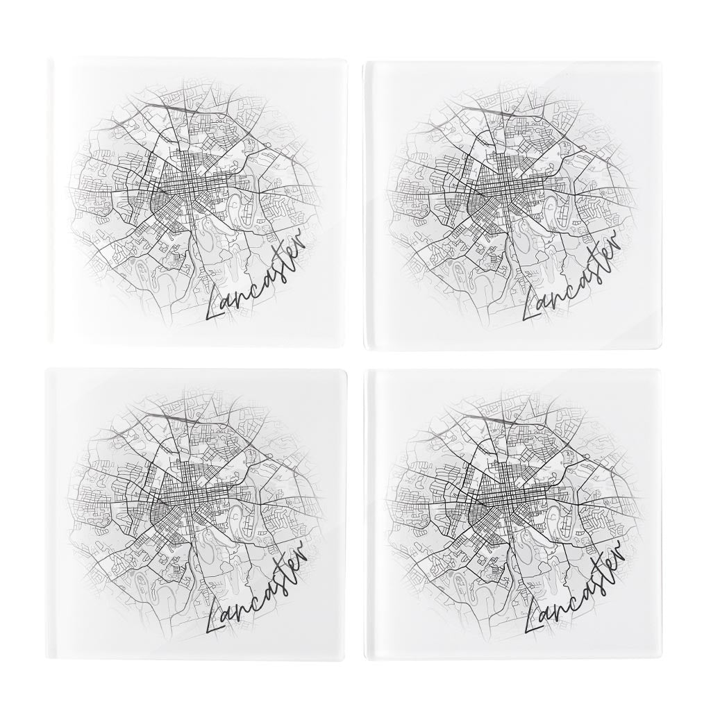 Minimalistic B&W Pennsylvania Lancaster Circle Map | Hi-Def Glass Coasters | Set of 4 | Min 2