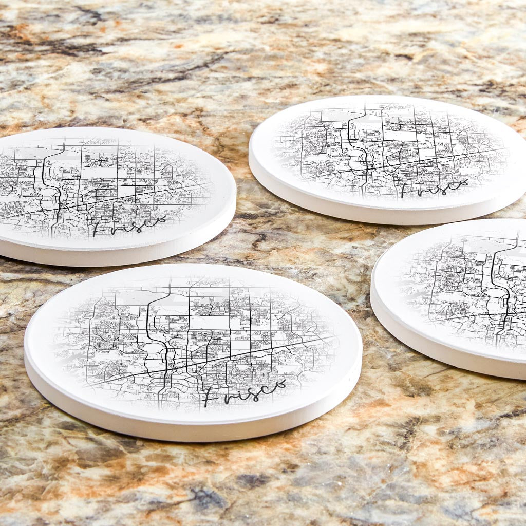 Minimalistic B&W Texas Frisco Circle Map | Absorbent Coasters | Set of 4 | Min 2