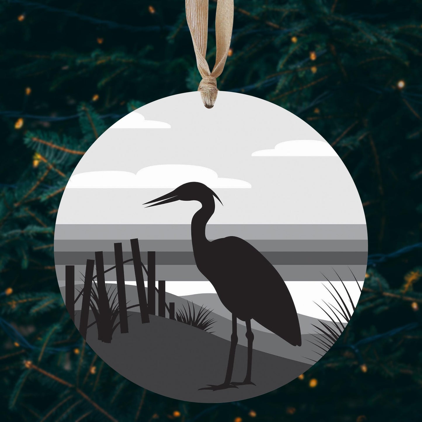 Minimalistic B&W Cape Cod Heron Illustration | Wood Ornament | Eaches | Min 1