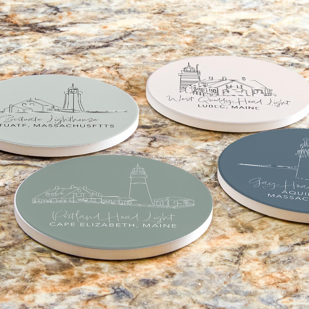 New England Lighthouses Muted Coastal | Absorbent Coasters | Set of 4 | Min 2