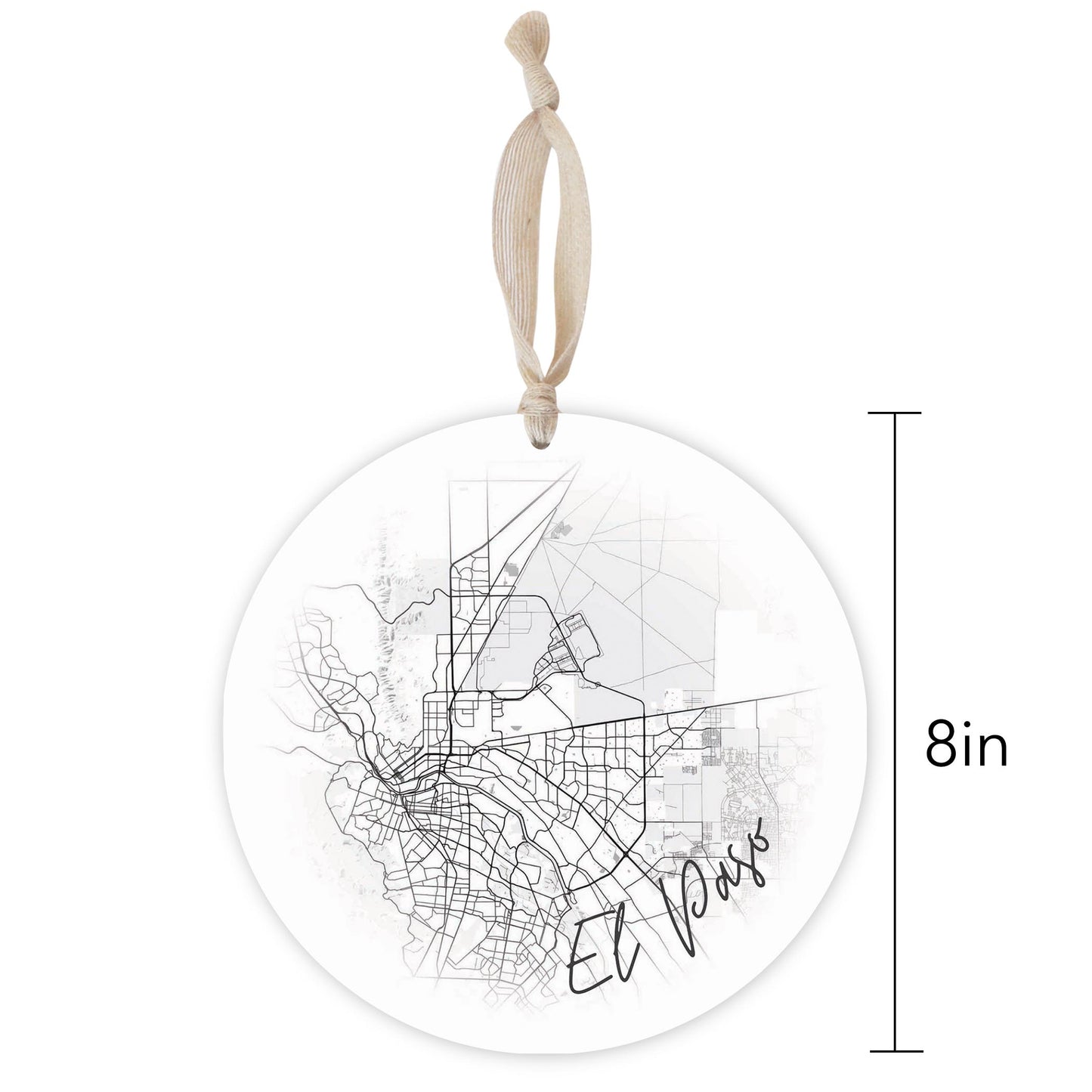 Minimalistic B&W Texas El Paso Circle Map | Wood Ornament | Eaches | Min 1