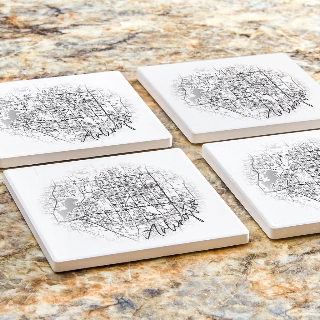 Minimalistic B&W Texas Arlington Circle Map| Absorbent Coasters | Set of 4 | Min 2