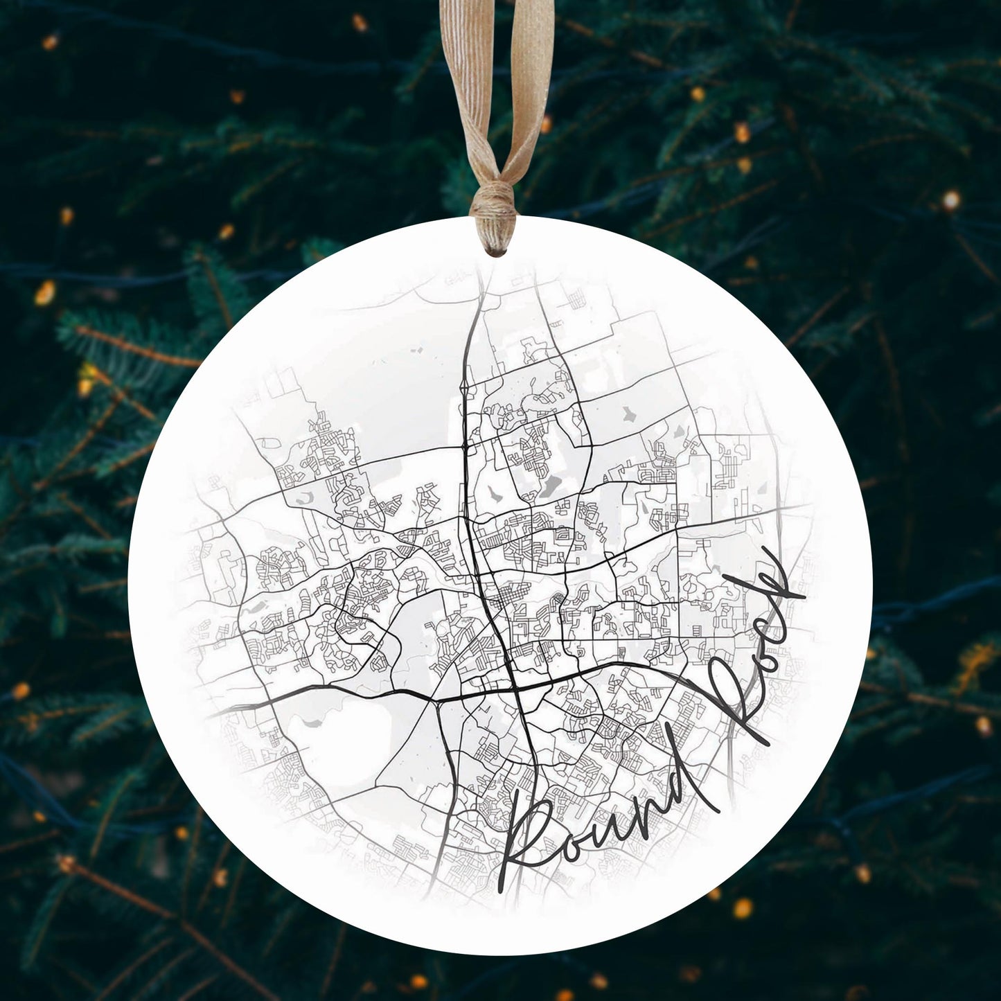 Minimalistic B&W Texas Round Rock Circle Map | Wood Ornament | Eaches | Min 1