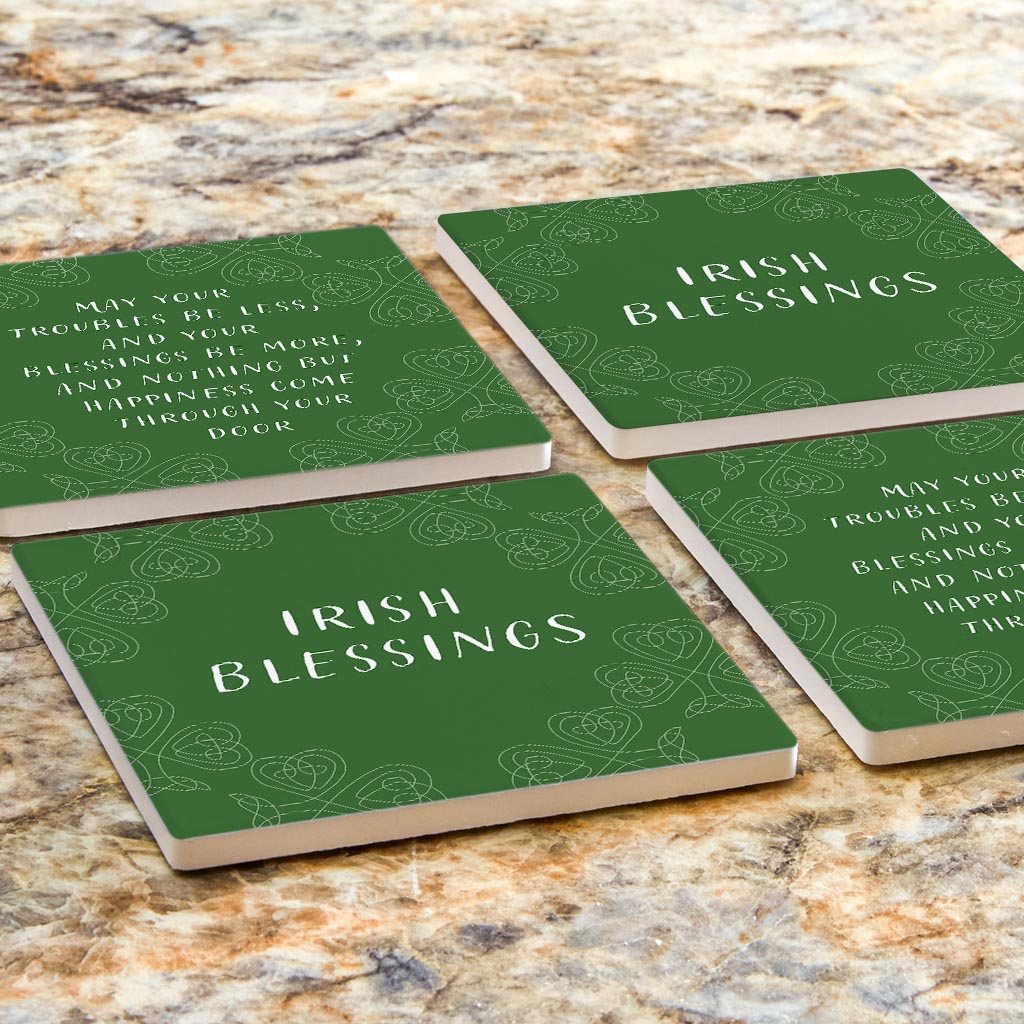 Dark Green Shamrock Irish Blessings Poem | Absorbent Coasters | Set of 4 | Min 2