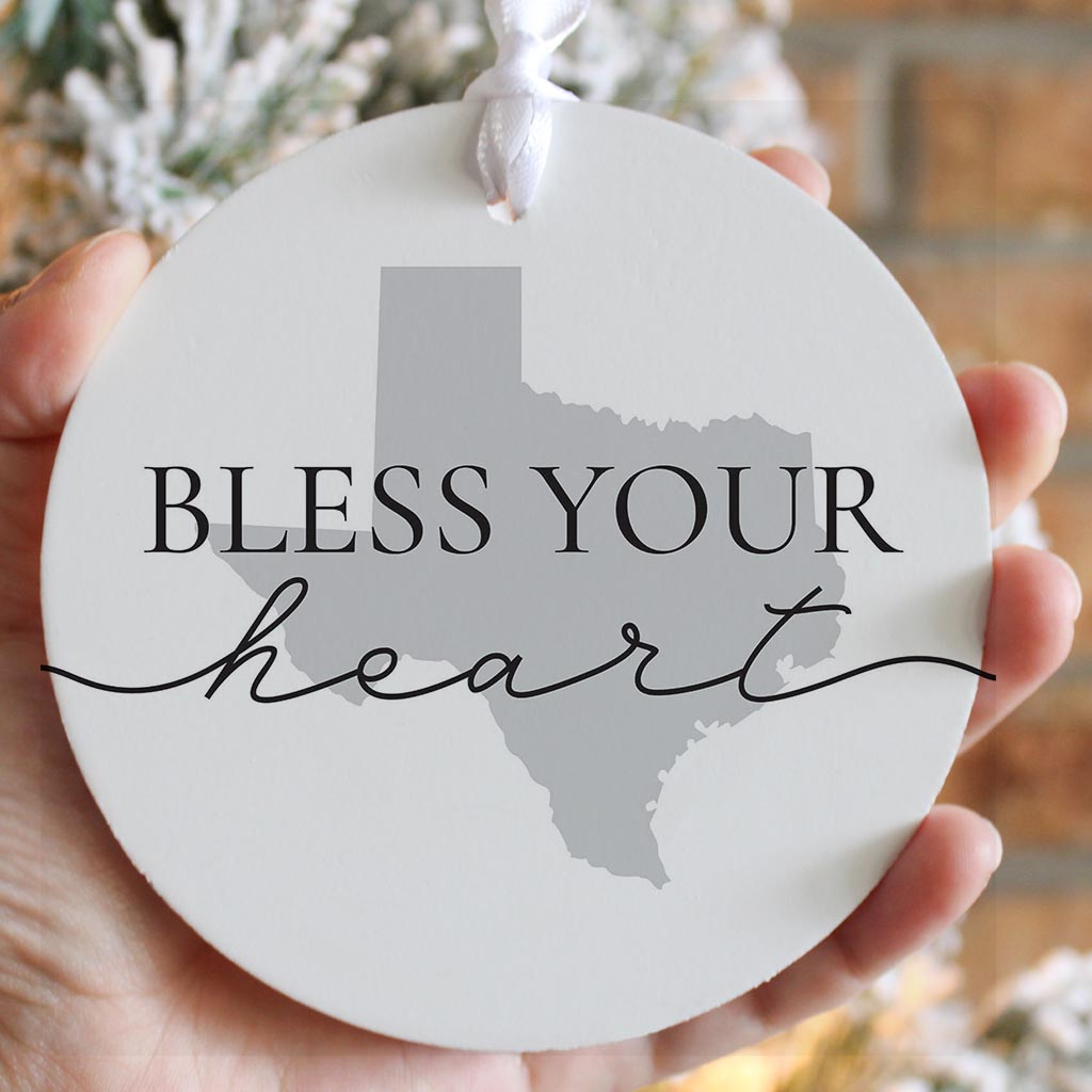 Minimalistic B&W Texas Bless Your Heart | Wood Ornament | Eaches | Min 6