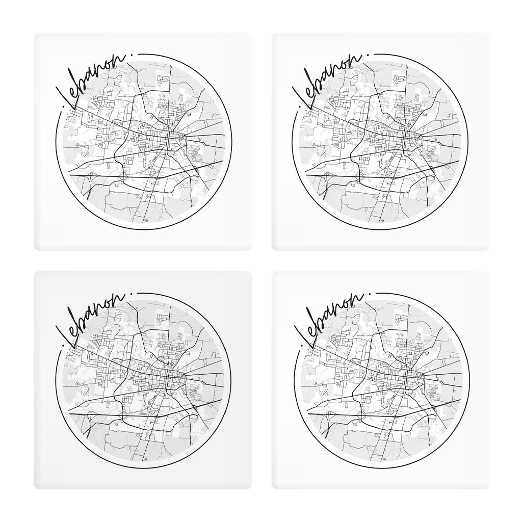 Minimalist B&W Tennessee Lebanon Circle Map | Absorbent Coasters | Set of 4 | Min 2