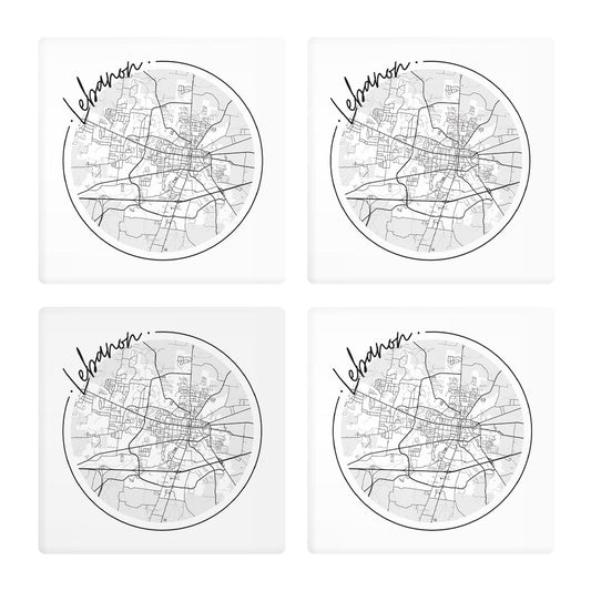 Minimalist B&W Tennessee Lebanon Circle Map | Absorbent Coasters | Set of 4 | Min 2