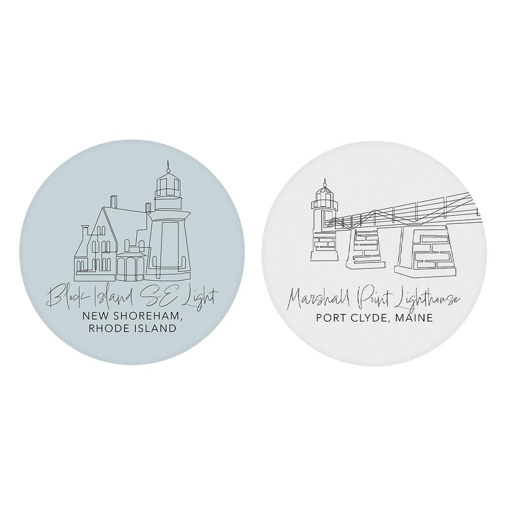 New England Lighthouses Muted Coastal | Absorbent Car Coasters | Set of 2 | Min 4