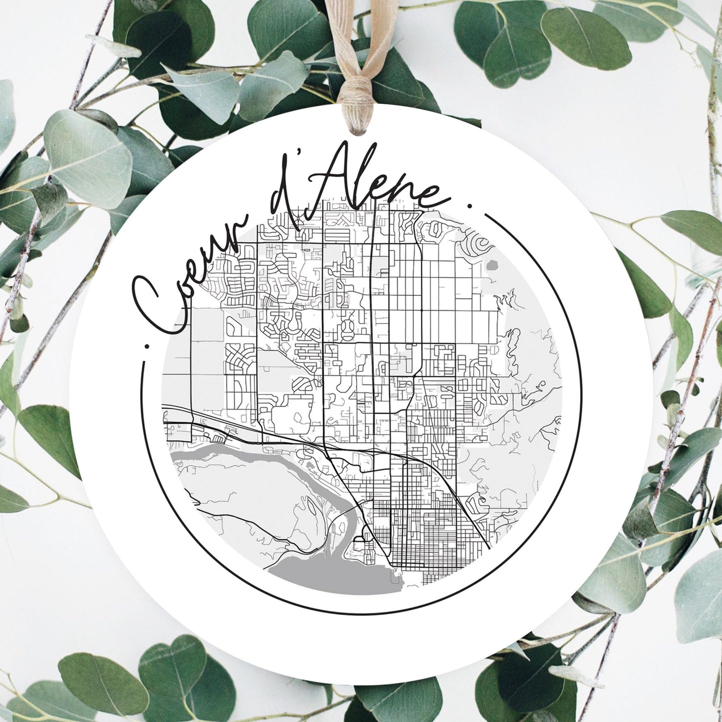 Minimalist B&W Idaho Coeur Dalene Circle Map | Wood Ornament | Eaches | Min 1