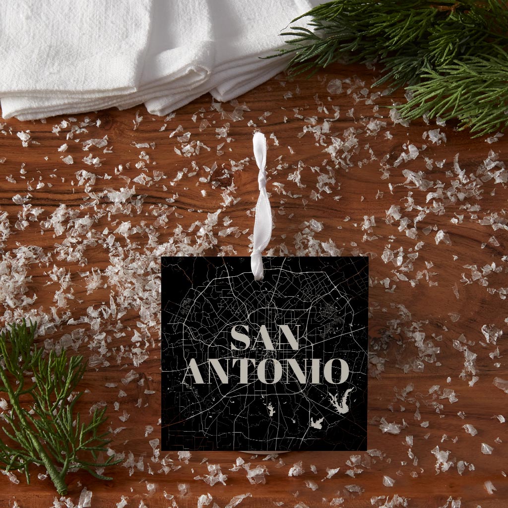 Minimalistic B&W Texas San Antonio Map | Wood Ornament | Eaches | Min 6