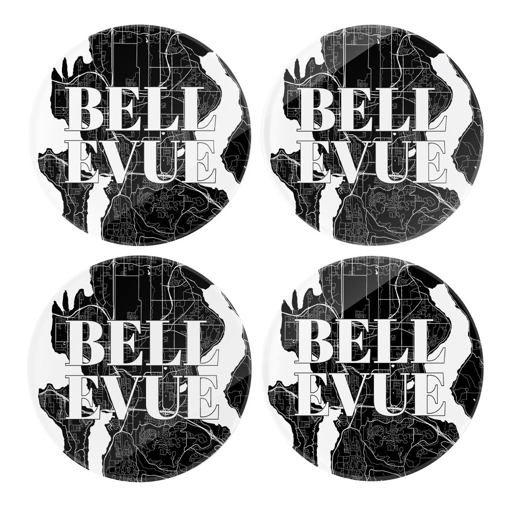 Minimalistic B&W Washington Bellevue Map | Hi-Def Glass Coasters | Set of 4 | Min 2