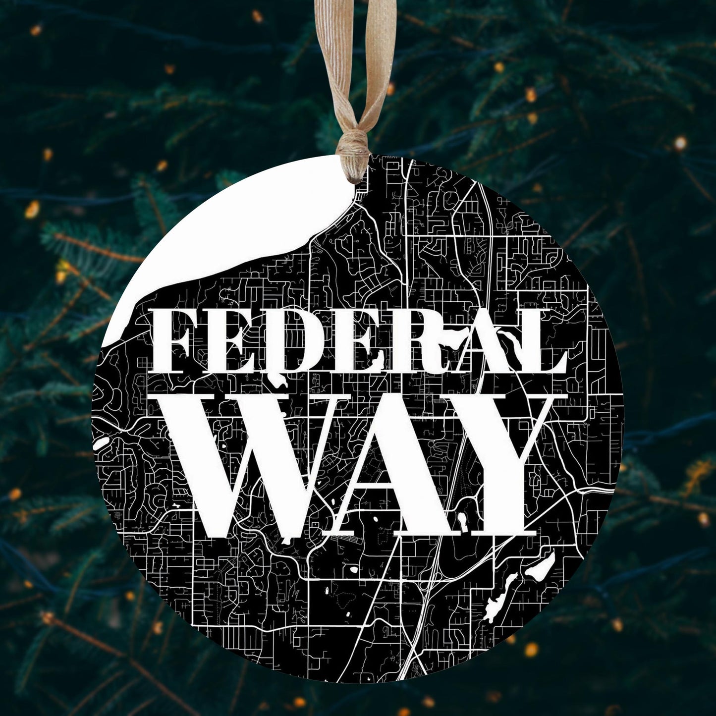 Minimalistic B&W Washington Federal Way Map | Wood Ornament | Eaches | Min 1