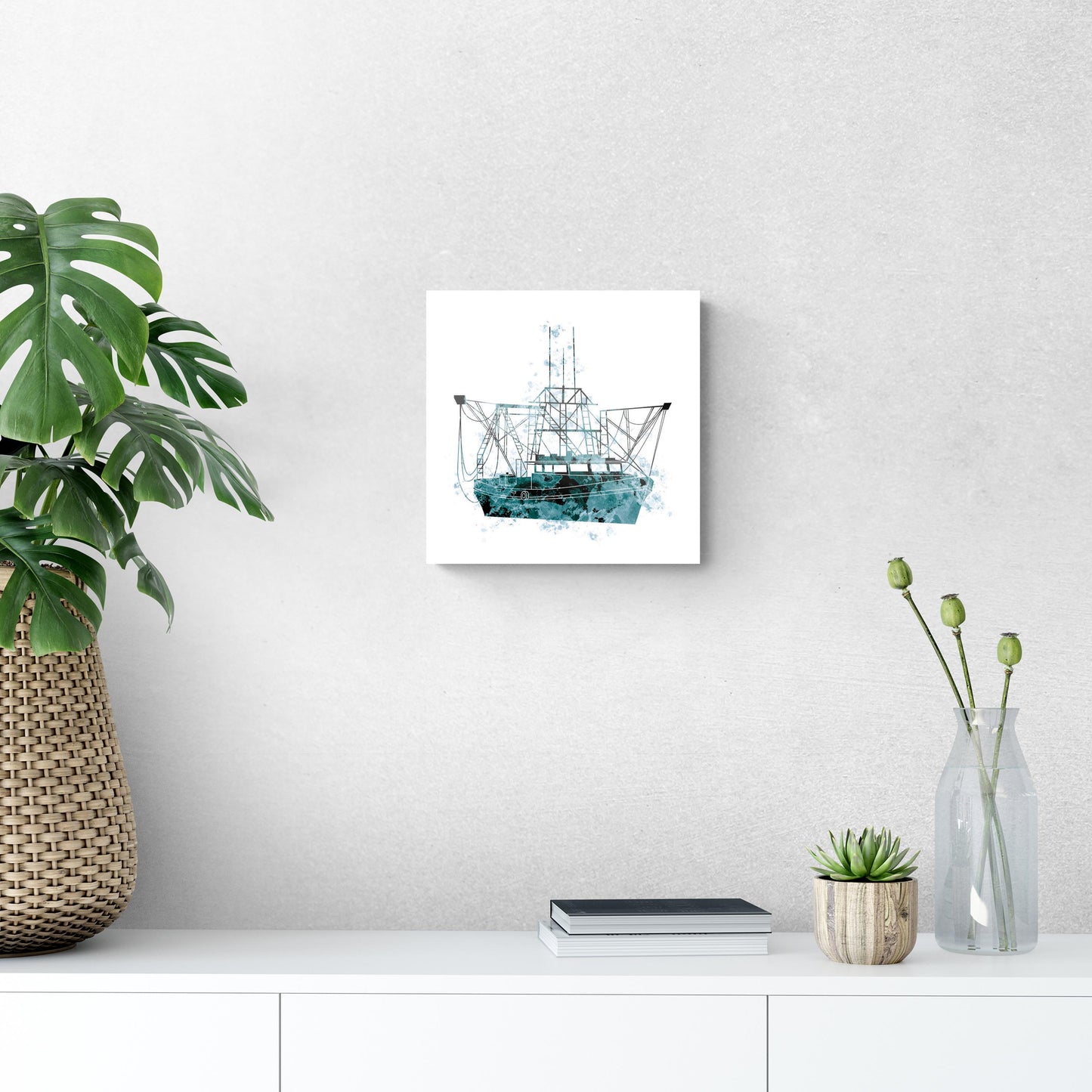 Blue White Water Color Shrimp Boat | Hi-Def Glass Art | Eaches | Min 1