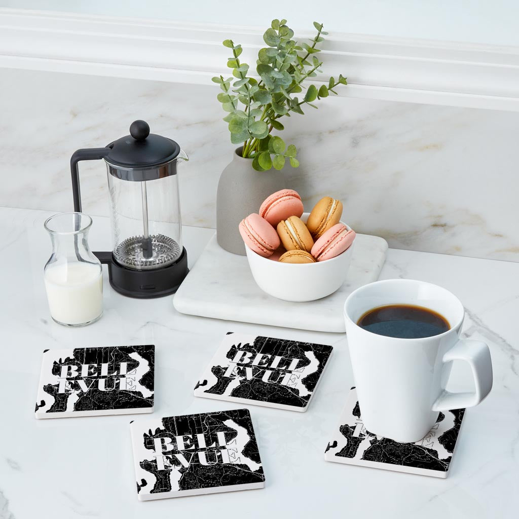 Minimalistic B&W Washington Bellevue Map | Absorbent Coasters | Set of 4 | Min 2