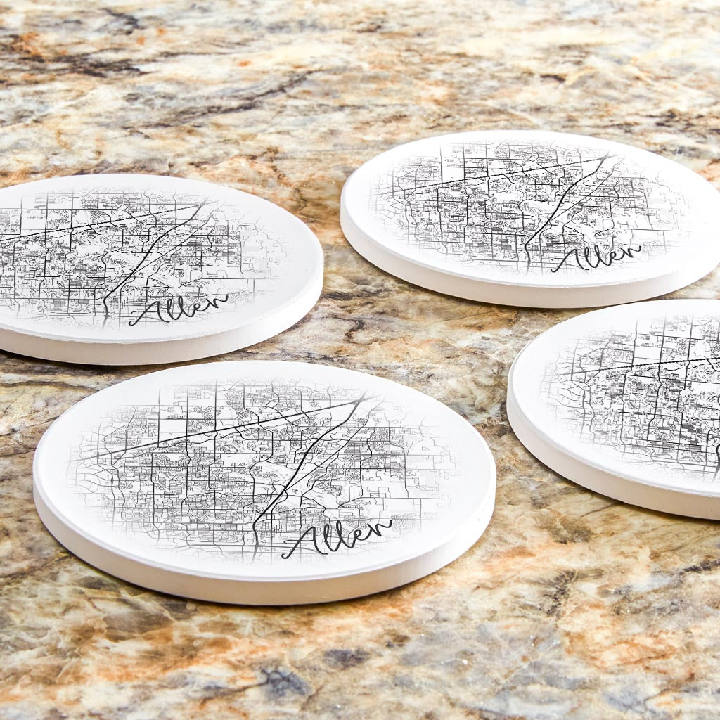 Minimalistic B&W Texas Allen Circle Map| Absorbent Coasters | Set of 4 | Min 2