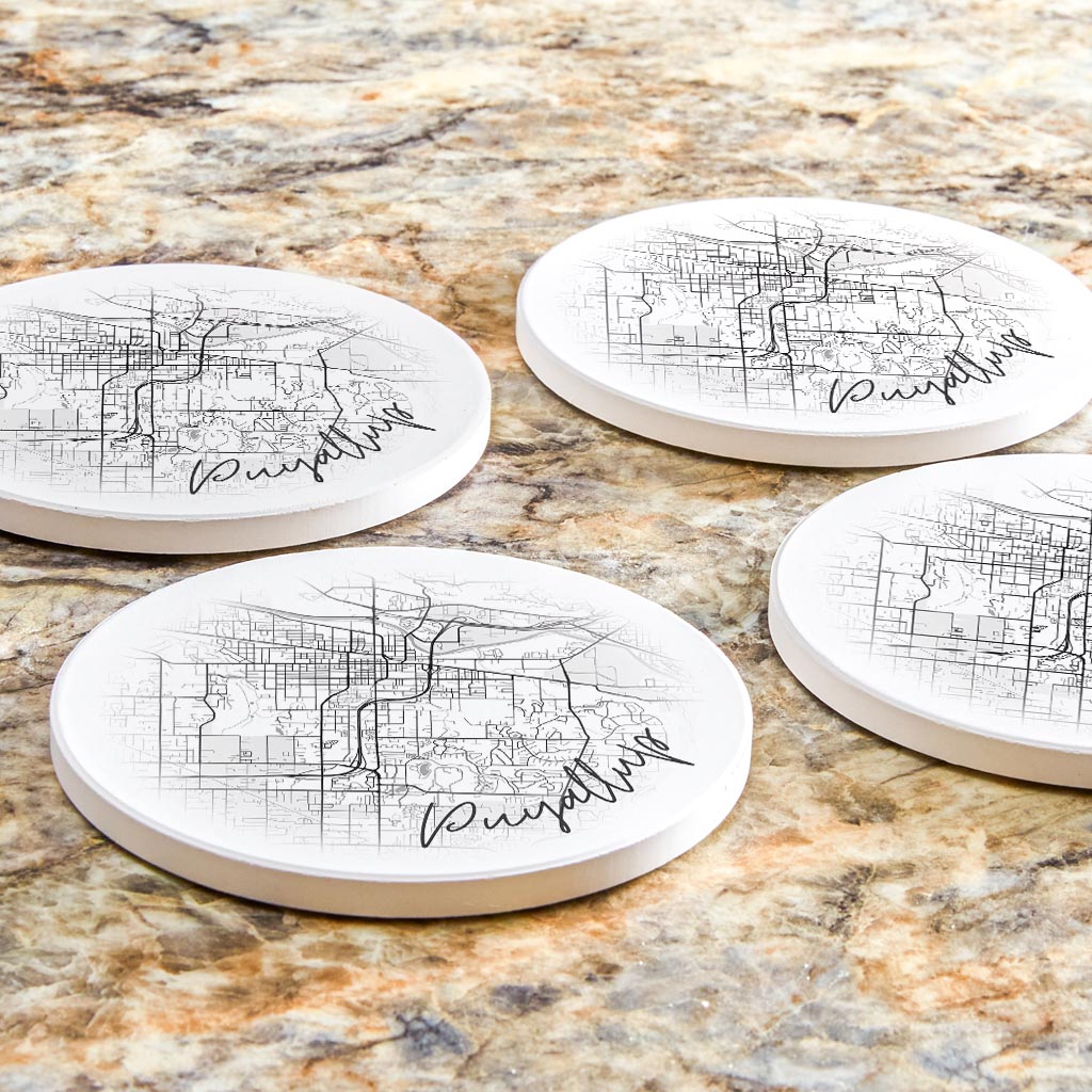 Minimalistic B&W Washington Puyallup Circle Map | Absorbent Coasters | Set of 4 | Min 2