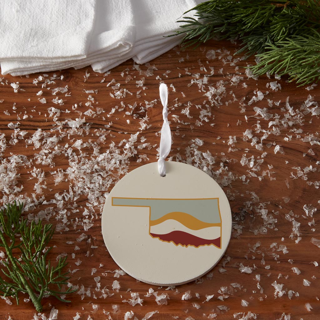 Modern Minimalist Oklahoma Cream Retro State Shape With Hills| Wood Ornament | Eaches | Min 6