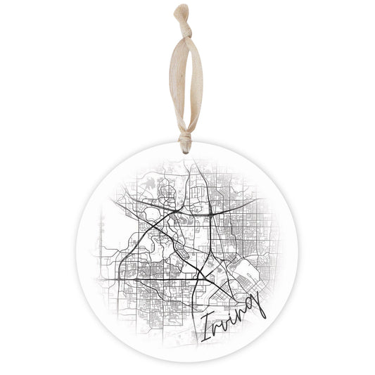 Minimalistic B&W Texas Irving Circle Map | Wood Ornament | Eaches | Min 1