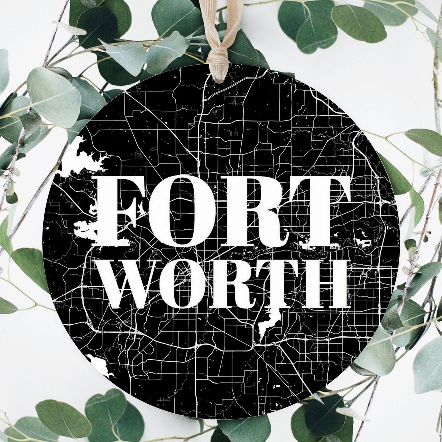 Minimalistic B&W Texas Fort Worth Map | Wood Ornament | Eaches | Min 1