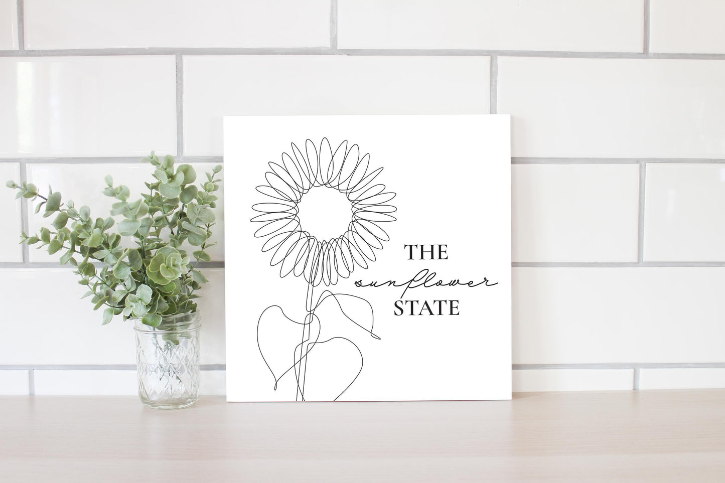 Minimalist B&W Kansas Sunflower Line Drawing | Wood Sign | Eaches | Min 2