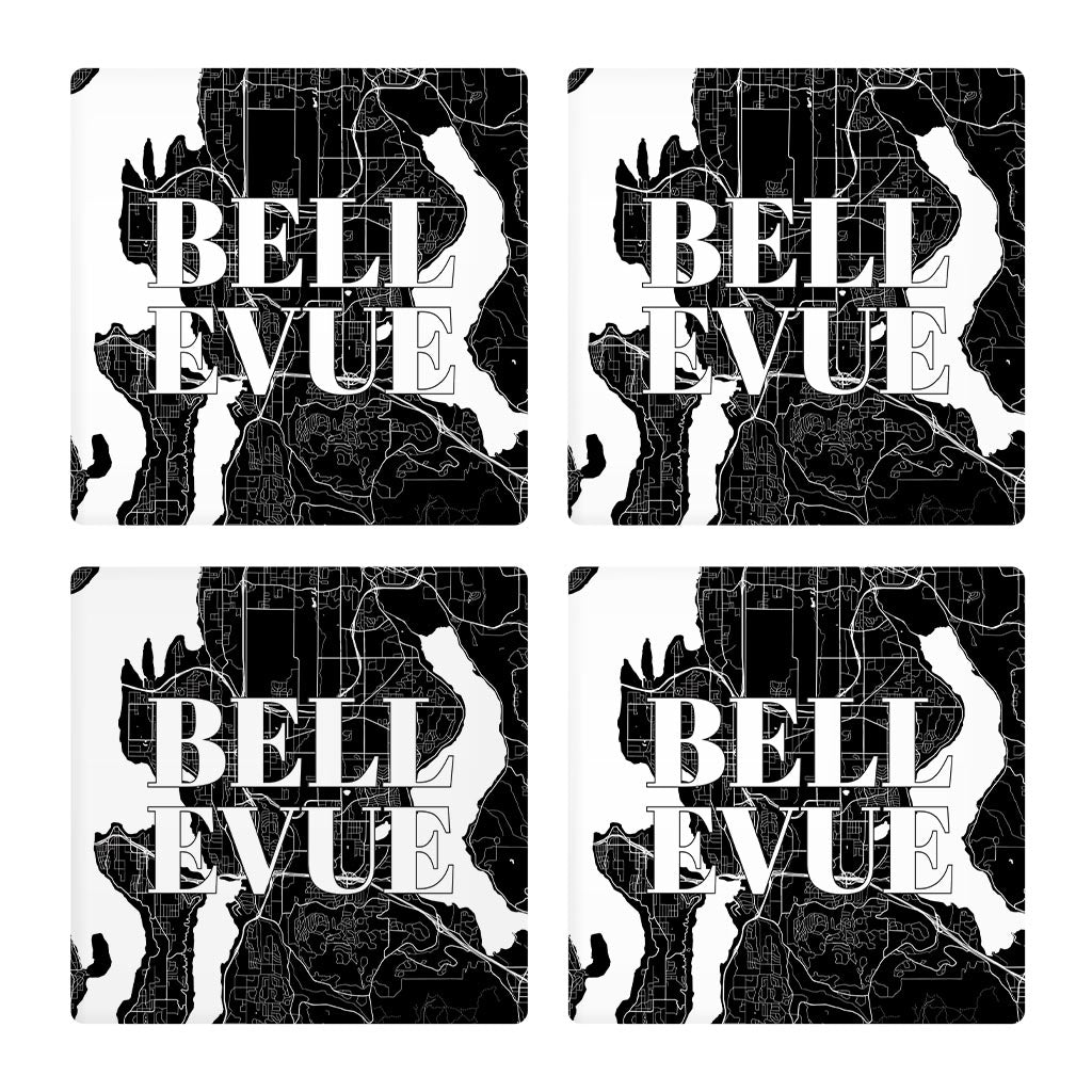 Minimalistic B&W Washington Bellevue Map | Absorbent Coasters | Set of 4 | Min 2