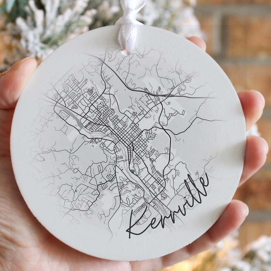 Minimalistic B&W Texas Kerrville Circle Map | Wood Ornament | Eaches | Min 6