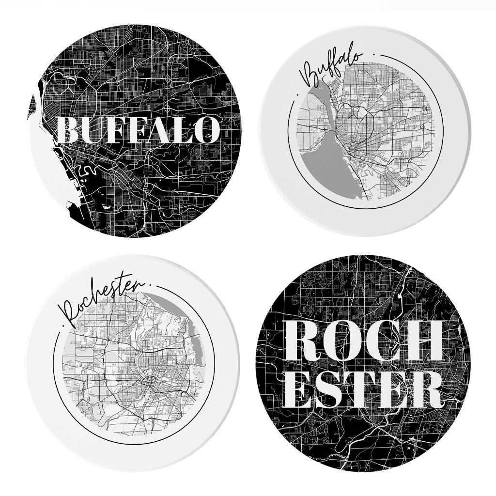 Minimalistic B&W New York Rochester Buffalo Maps| Absorbent Coasters | Set of 4 | Min 2