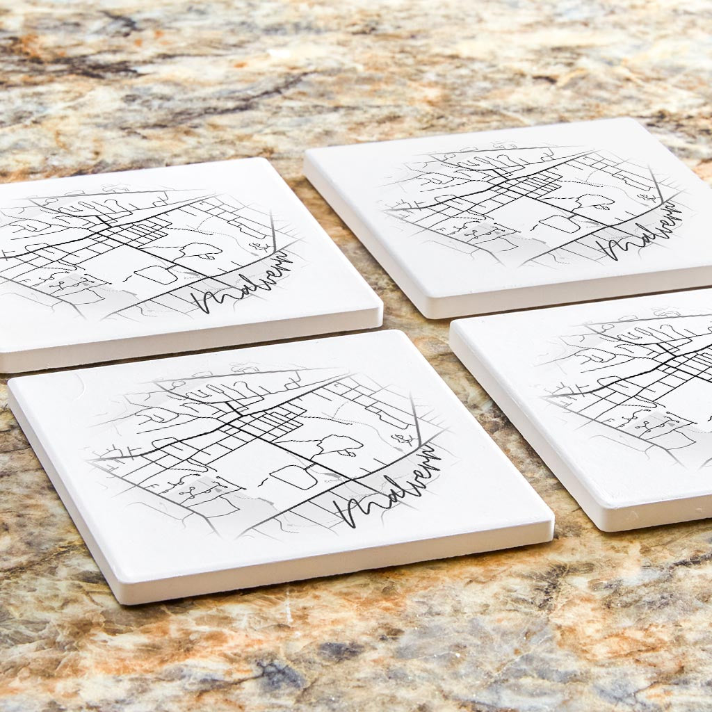 Minimalistic B&W Pennsylvania Malvern Circle Map | Absorbent Coasters | Set of 4 | Min 2