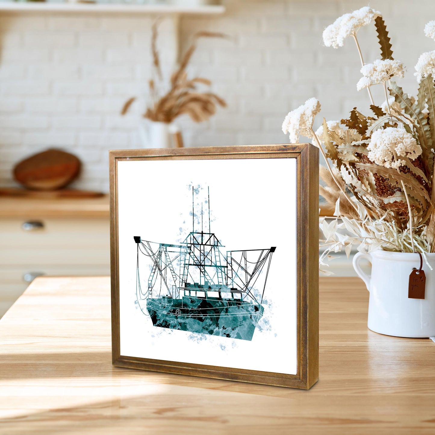 Blue White Water Color Shrimp Boat | Wood Sign | Eaches | Min 1