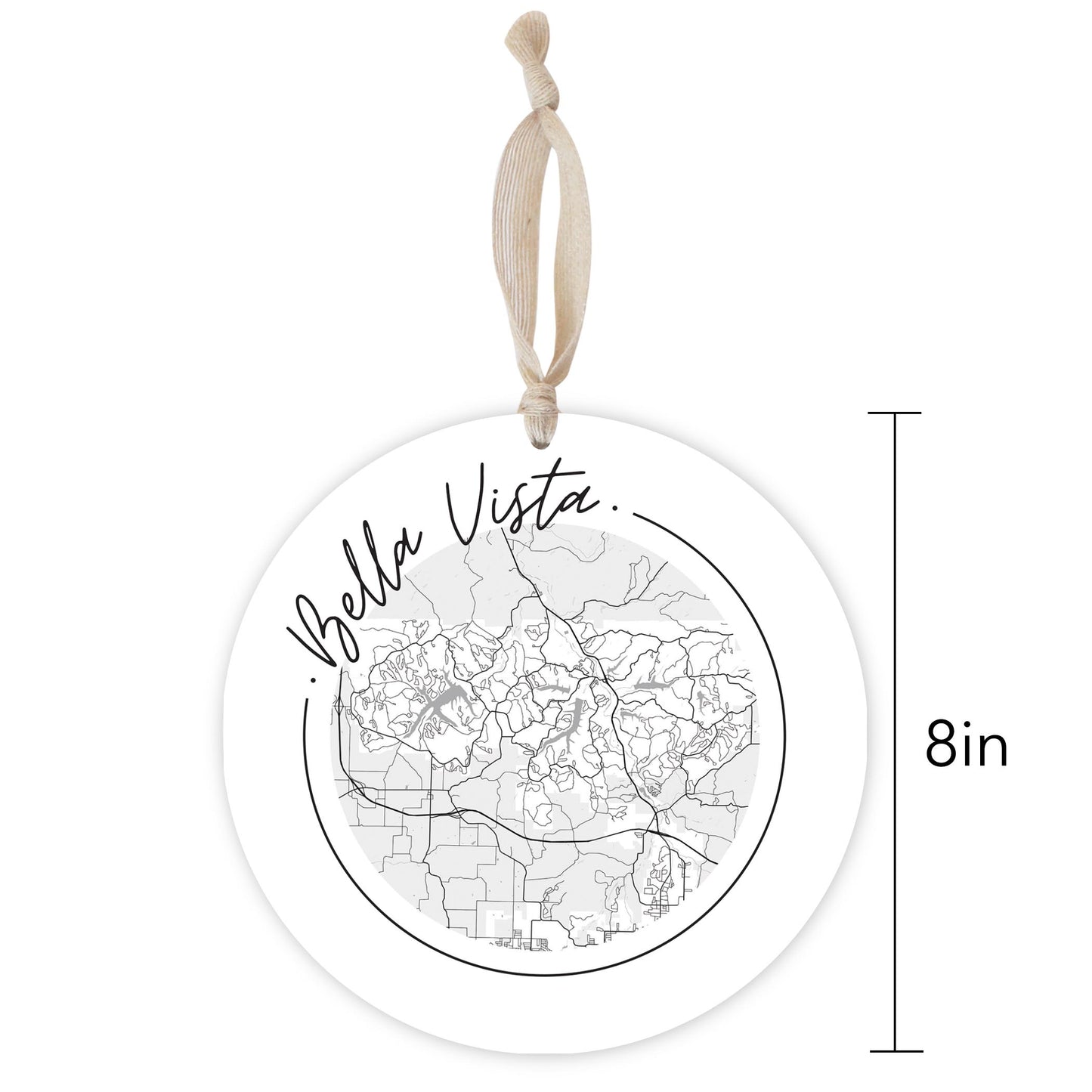 Minimalist B&W Arkansas Bella Vista Circle Map | Wood Ornament | Eaches | Min 1