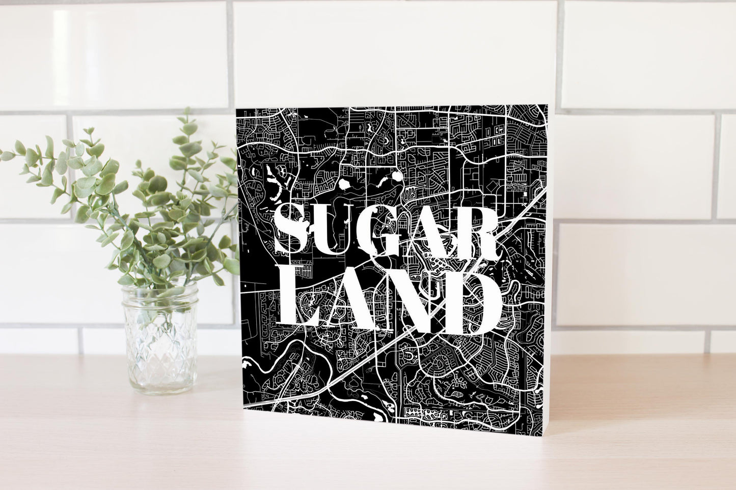 Minimalistic B&W Texas Sugarland Map | Wood Block | Eaches | Min 2