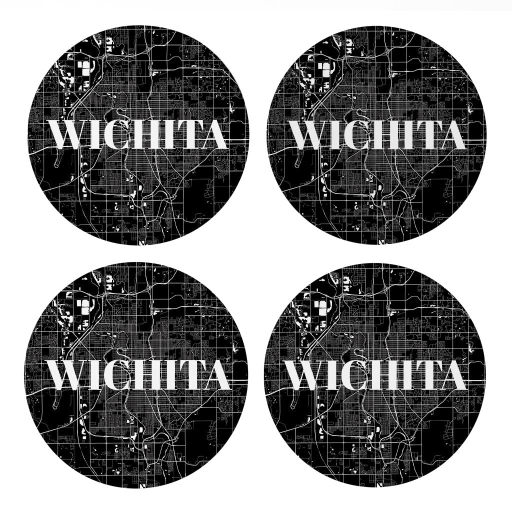 Minimalist B&W Kansas Wichita Map | Absorbent Coasters | Set of 4 | Min 2