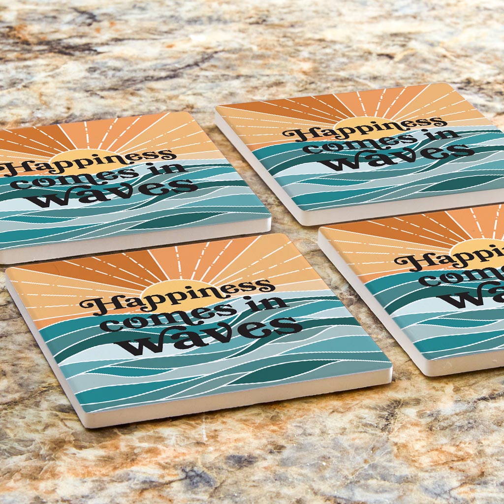 Happiness Comes In Waves | Absorbent Coasters | Set of 4 | Min 2