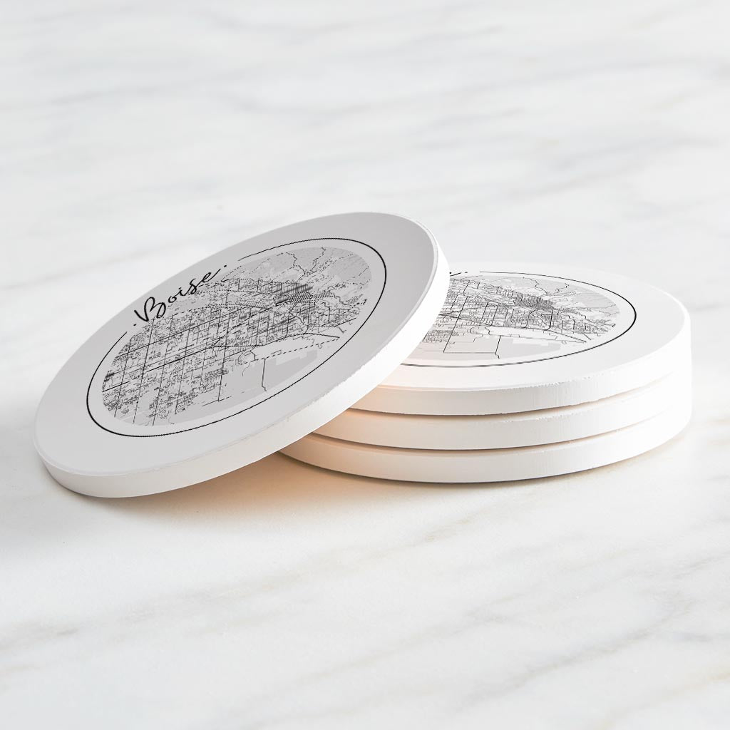 Minimalist B&W Idaho Boise Circle Map | Absorbent Coasters | Set of 4 | Min 2