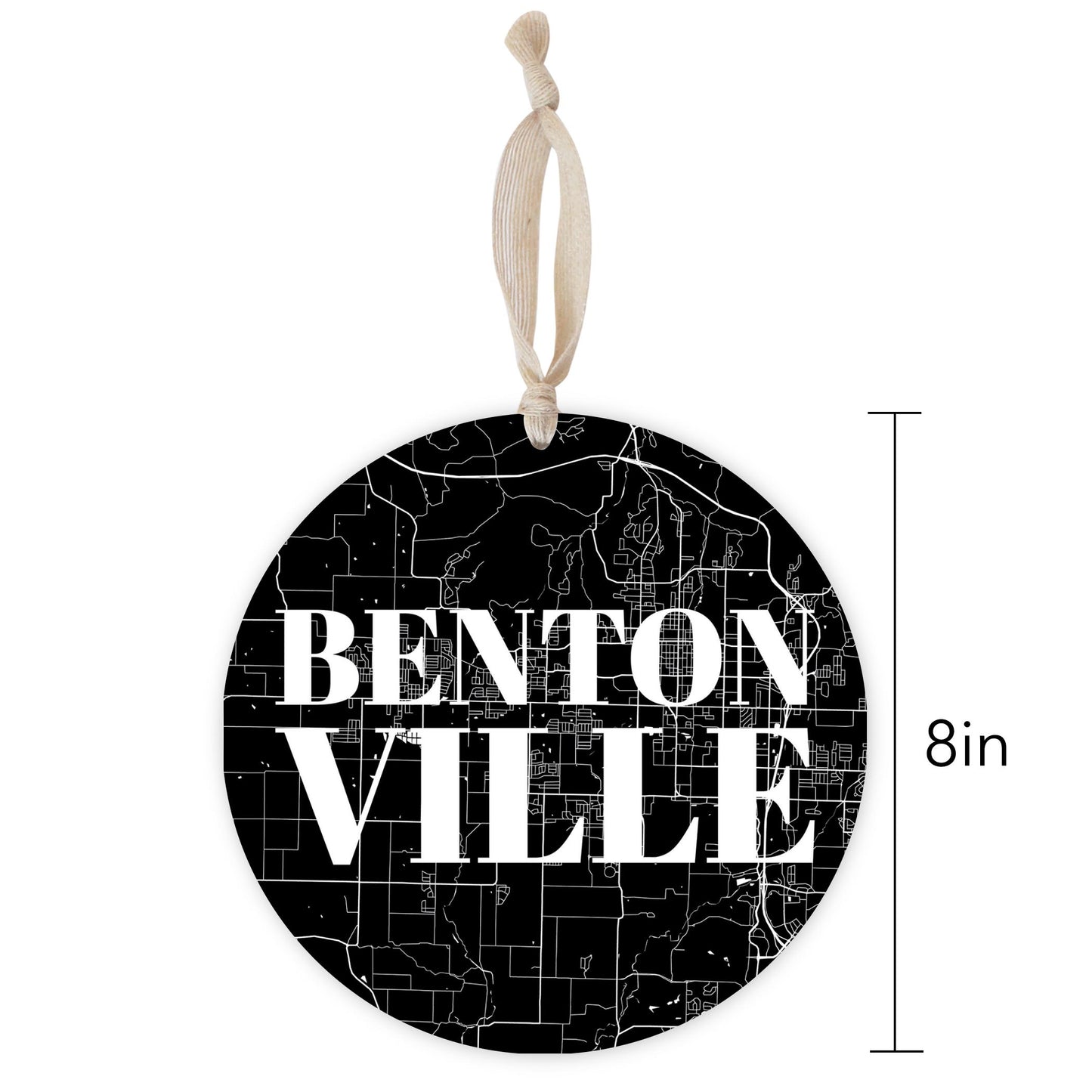 Minimalist B&W Arkansas Bentonville Map | Wood Ornament | Eaches | Min 1