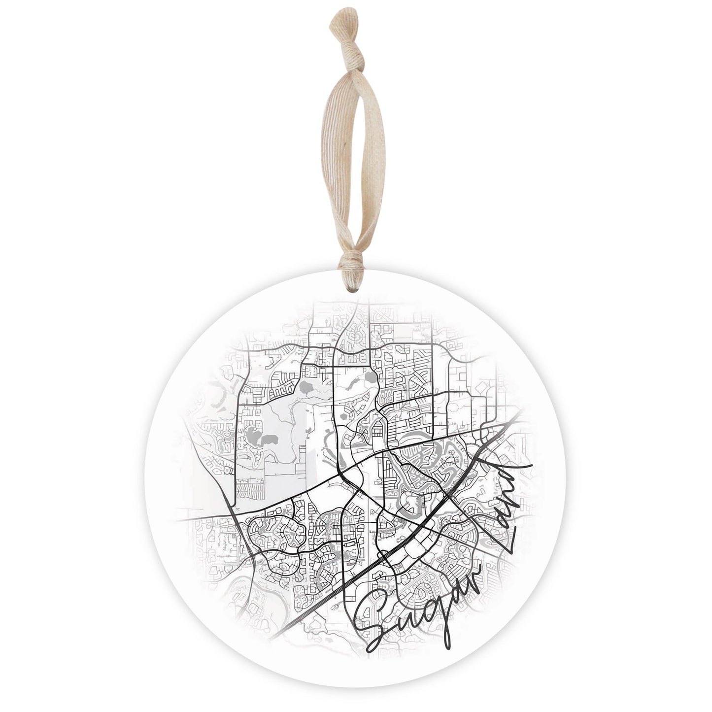 Minimalistic B&W Texas Sugarland Circle Map | Wood Ornament | Eaches | Min 1