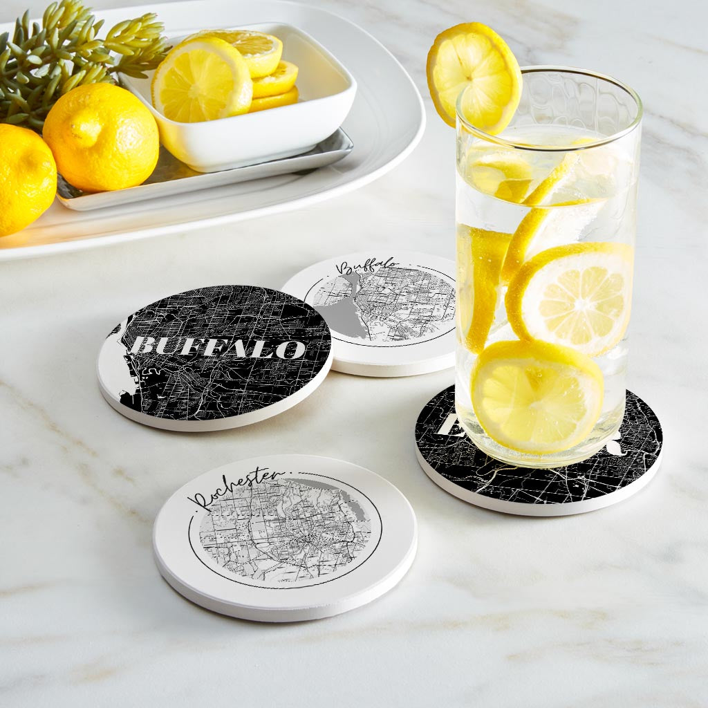 Minimalistic B&W New York Rochester Buffalo Maps| Absorbent Coasters | Set of 4 | Min 2