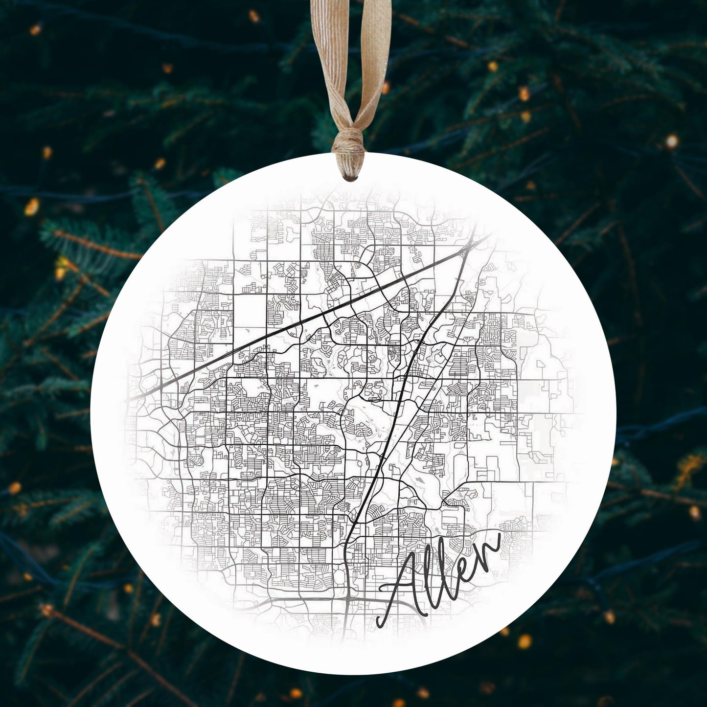 Minimalistic B&W Texas Allen Circle Map | Wood Ornament | Eaches | Min 1