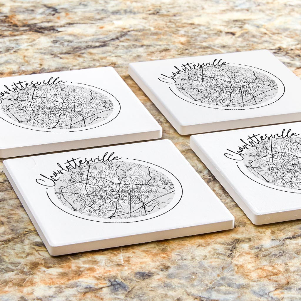 Minimalistic B&W Virginia Charlottesville Circle Map | Absorbent Coasters | Set of 4 | Min 2