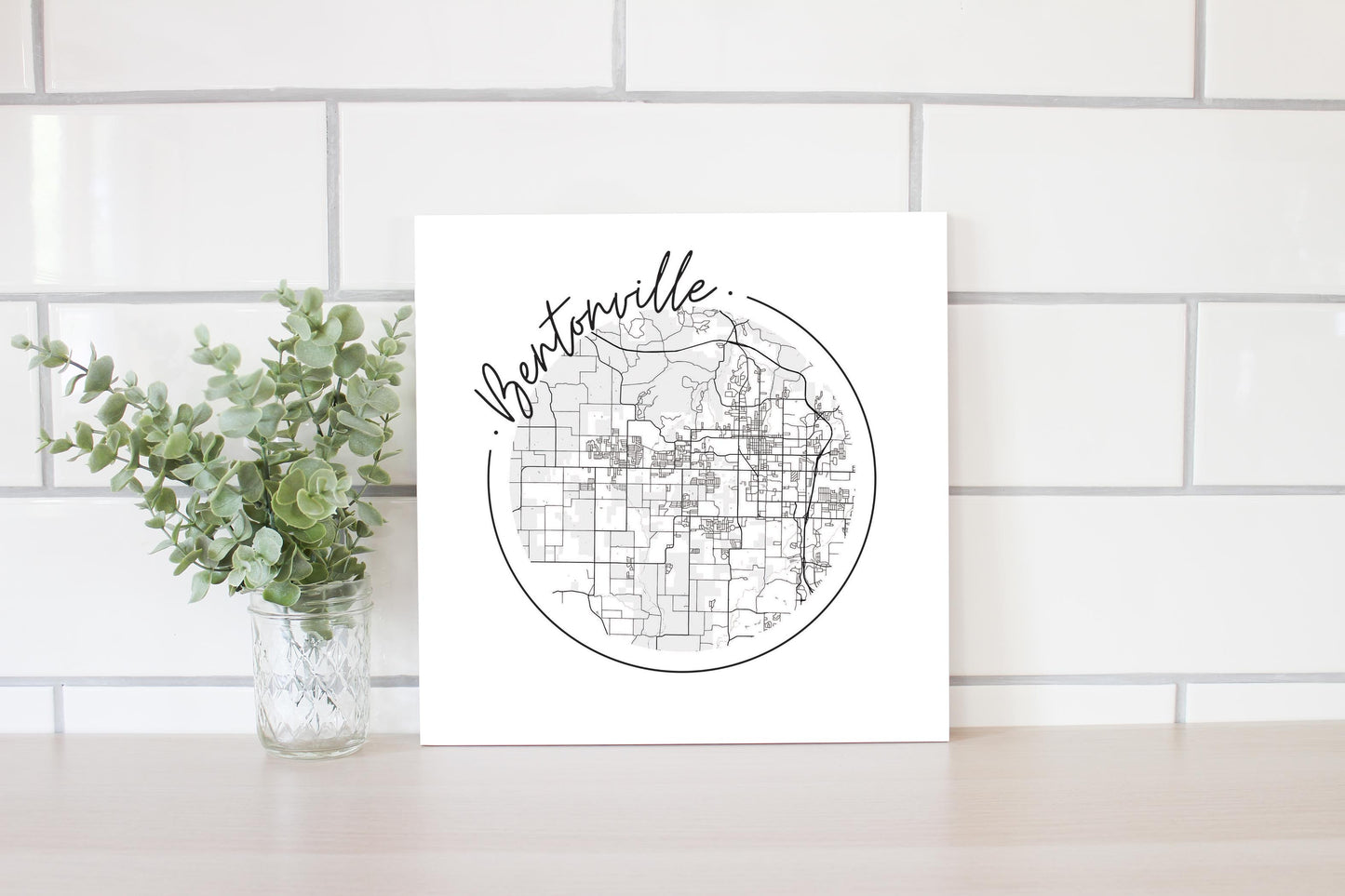 Minimalist B&W Arkansas Bentonville Circle Map| Wood Sign | Eaches | Min 2