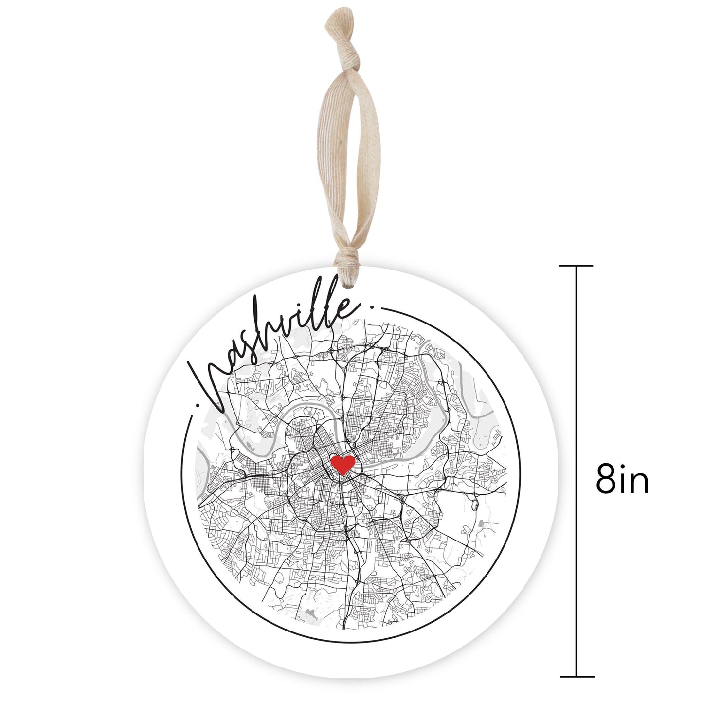 Minimalist B&W Tennessee Nashville Circle Map Heart | Wood Ornament | Eaches | Min 1