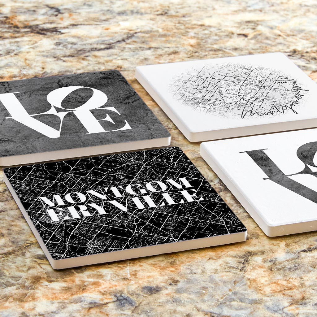 Minimalistic B&W Pennsylvania Montgomeryville Maps Love | Absorbent Coasters | Set of 4 | Min 2