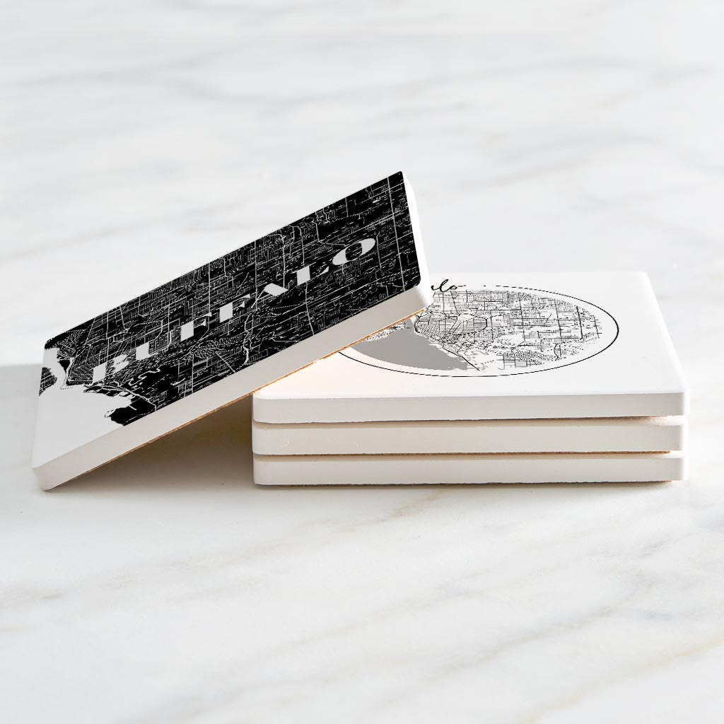 Minimalistic B&W New York Rochester Buffalo Maps | Absorbent Coasters | Set of 4 | Min 2