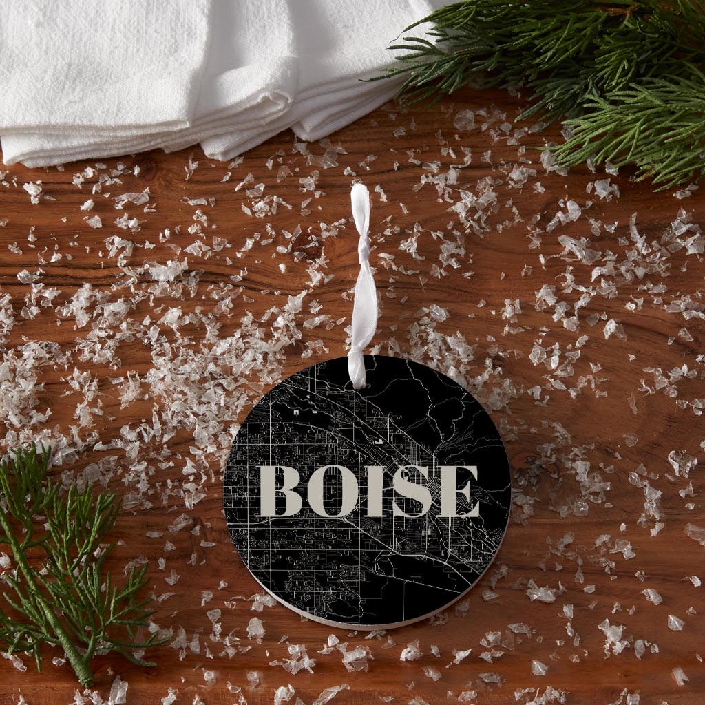 Minimalist B&W Idaho Boise Map | Wood Ornament | Eaches | Min 6